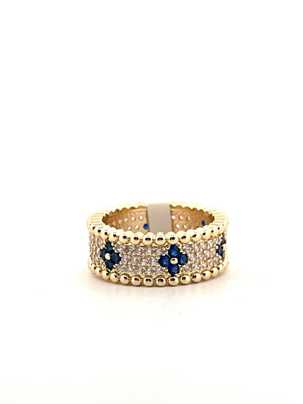 Gold Band Ring with Blue and Clear Stones - Elegant Women's Jewelry costume